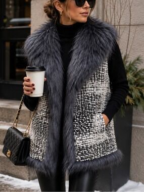 Jessica Simpson Faux Fur Tweed Vest M/L Gray Black Knit Longline Winter Chic EUC